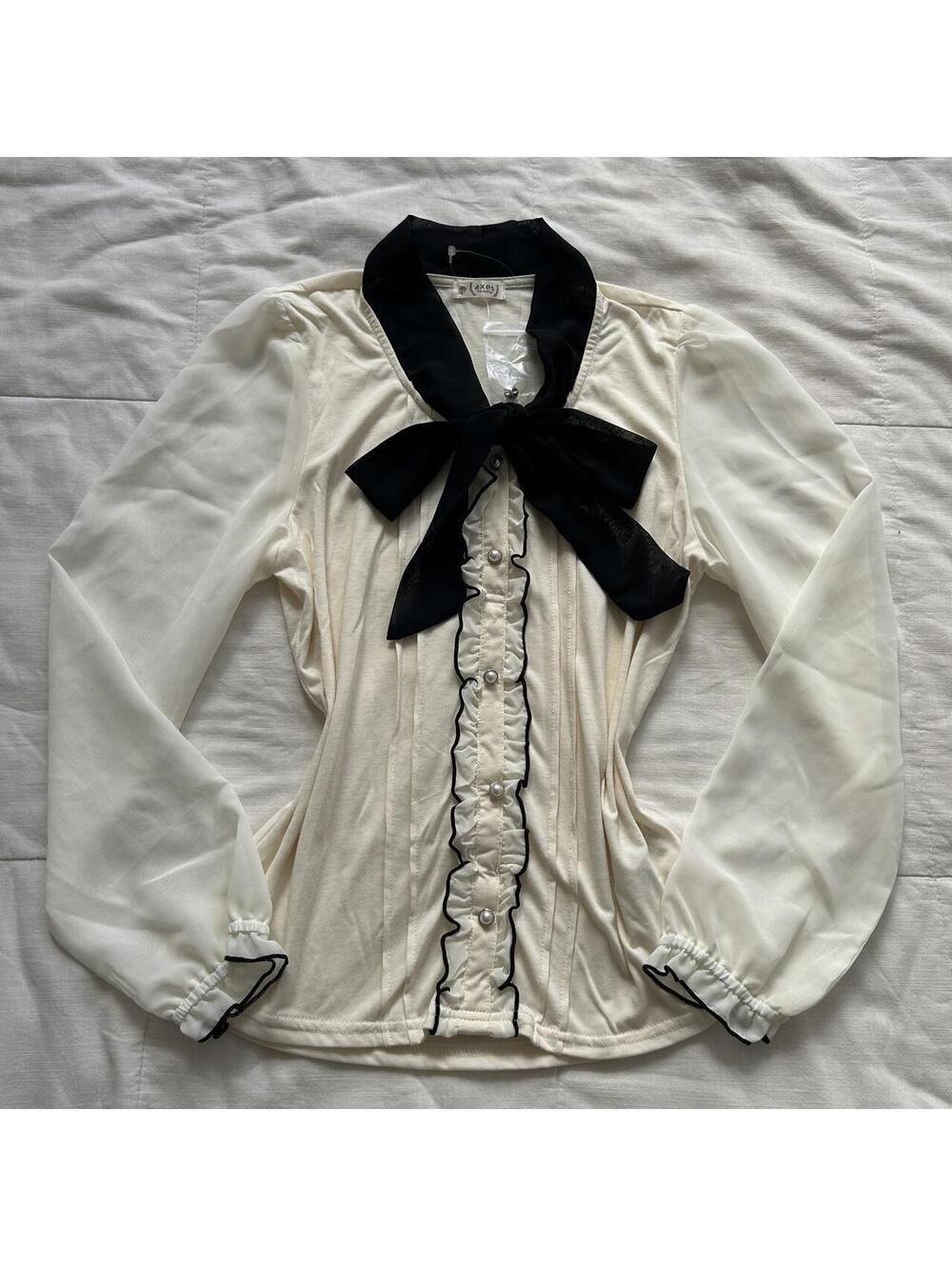 Axes Femme Cream Black Bow Ruffle Pearl Sheer Sleeve Blouse M Japan